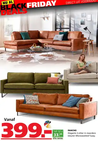 Seats and Sofas PANCHO Elegante 2-zitter in meerdere kleuren Microvezelstof Sussy. aanbieding