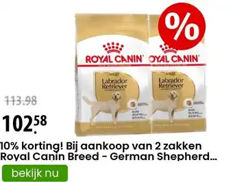 Zooplus 10% korting! Bij aankoop van 2 zakken Royal Canin Breed - German Shepherd Adult 5+ (2 x 12 kg) aanbieding