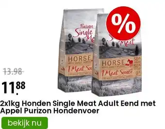 Zooplus 2x1kg Honden Single Meat Adult Eend met Appel Purizon Hondenvoer aanbieding