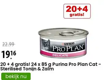 Zooplus 20 + 4 gratis! 24 x 85 g Purina Pro Plan Cat - Sterilised Tonijn & Zalm aanbieding