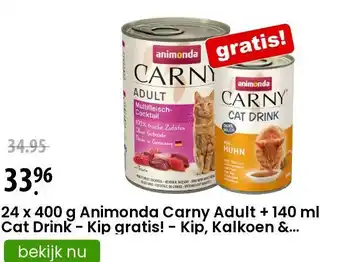 Zooplus 24 x 400 g Animonda Carny Adult + 140 ml Cat Drink - Kip gratis! - Kip, Kalkoen & Eendenharten aanbieding