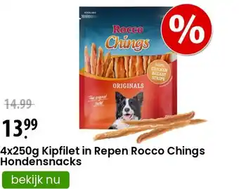 Zooplus 4x250g Kipfilet in Repen Rocco Chings Hondensnacks aanbieding