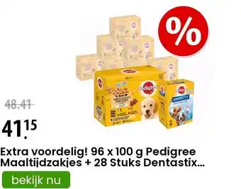 Zooplus Extra voordelig! 96 x 100 g Pedigree Maaltijdzakjes + 28 Stuks Dentastix Medium - Junior met 4 Soorten in Gelei aanbieding