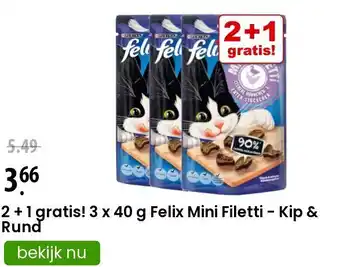 Zooplus 2 + 1 gratis! 3 x 40 g Felix Mini Filetti - Kip & Rund aanbieding