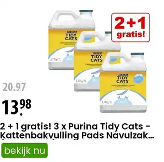 Zooplus 2 + 1 gratis! 3 x Purina Tidy Cats - Kattenbakvulling Pads Navulzak (3 x 4 Stuks) aanbieding