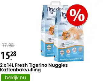 Zooplus 2 x 14L Fresh Tigerino Nuggies Kattenbakvulling aanbieding