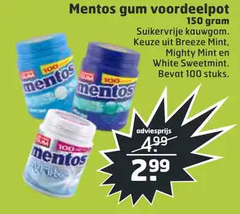 Trekpleister Mentos gum voordeelpot 150g aanbieding