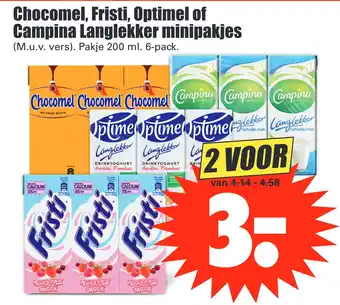 Dirk Chocomel, Fristi, Optimel of Campina Langlekker minipakjes 200ml aanbieding