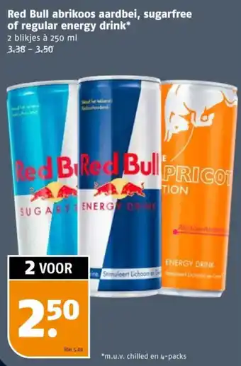 Poiesz Red Bull abrikoos aardbei, sugarfree of regular energy drink 2 x 250 ml aanbieding