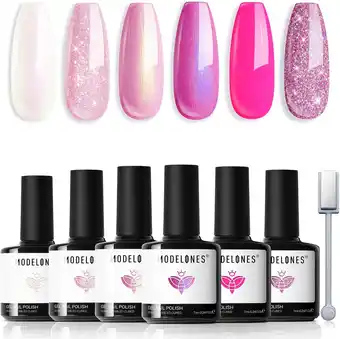 Amazon Modelones Gel Nagellak,6 Kleuren Roze Serie Wit Glitter Roze met Magneten, Gellak Soak-Off UV Nagellak Set, Gel Nagellak voor aanbieding