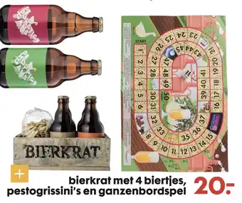 HEMA bierkrat met 4 biertjes, pestogrissini's en ganzenbordspel aanbieding