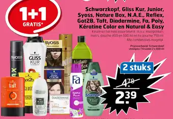 Trekpleister Schwarzkopf, Gliss Kur, Junior, Syoss, Nature Box, N.A.E., Reflex, Got2B, Taft, Diadermine, Fa, Poly, Kératine Color en Natur aanbieding