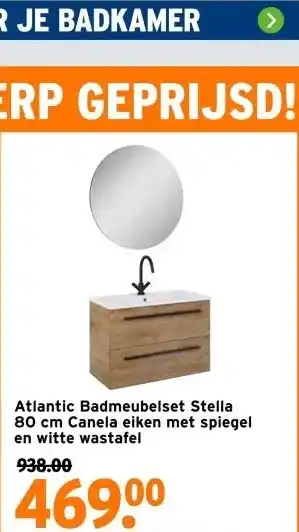 GAMMA Atlantic Badmeubelset Stella 80 cm Canela Eiken met Spiegel en Witte Wastafel aanbieding