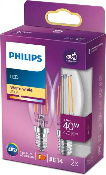 Amazon Philips LED-kaarslamp 2-pack - Warmwit licht - E14 - 40 W - Transparant - Energiezuinige LED-verlichting - Filamentlamp aanbieding