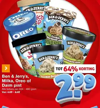 Hoogvliet Ben & Jerry's, Milka, Oreo of Daim pint aanbieding