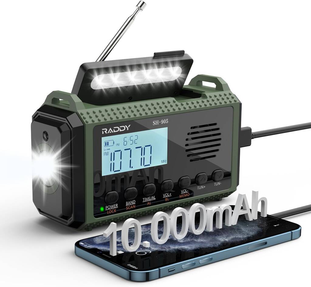 10000mAh batterij] Raddy SW10 noodradio, handslinger zonne