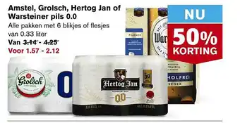 Hoogvliet Amstel, Grolsch, Hertog Jan Of Warsteiner Pils 0.0 50% Korting aanbieding