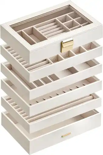 Amazon SONGMICS Sieradendoosje met 6 niveaus, stapelbaar, sieradendoos groot, sieradendoos met glazen deksel, 17 x 28 x 25,3 cm, sie aanbieding