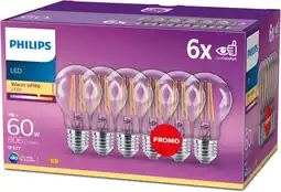 Amazon Philips LED-lamp 6-pack - Warmwit licht - E27 - 60 W - Transparant - Energiezuinige LED-verlichting - Decoratieve filamentlam aanbieding
