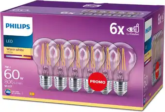 Amazon Philips LED-lamp 6-pack - Warmwit licht - E27 - 60 W - Transparant - Energiezuinige LED-verlichting - Decoratieve filamentlam aanbieding