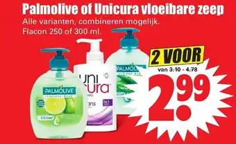 Dirk Palmolive of Unicura vloeibare zeep 250 of 300 ml aanbieding