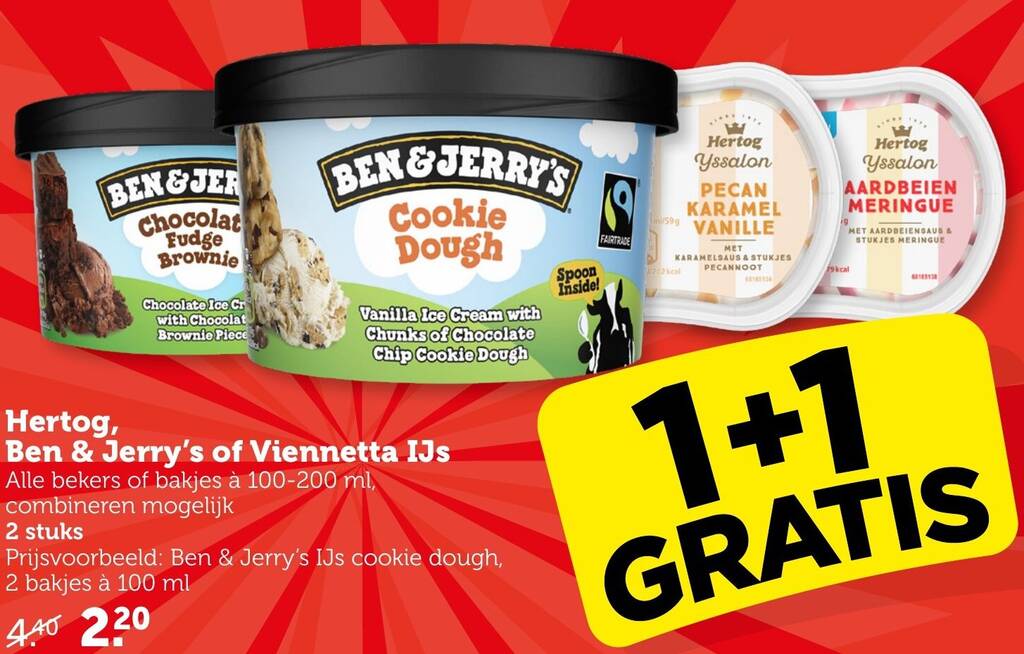 Hertog, Ben & Jerry's of Viennetta IJs 100-200 ml 1+1 GRATIS aanbieding