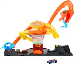 Amazon Hot Wheels City 'Let's Race' Netflix - Speelgoedauto Baanset, Pizza Slam Cobra-aanval, Slangenstaart spiraalbaan met randomiz aanbieding