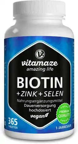 Amazon Biotine 10.000 mcg Hoge Dosering + Selenium + Zink voor Haargroei, Huid & Nagels, 365 Veganistische Tabletten voor 1 Jaar, Ma aanbieding