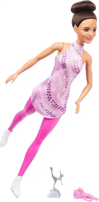 Amazon Barbie Beroepen modepop en accessoires, brunette in verwijderbaar roze schaatspak met schaatsen en beker, HRG37 aanbieding