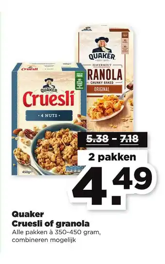 PLUS Quaker Cruesli Of Granola aanbieding