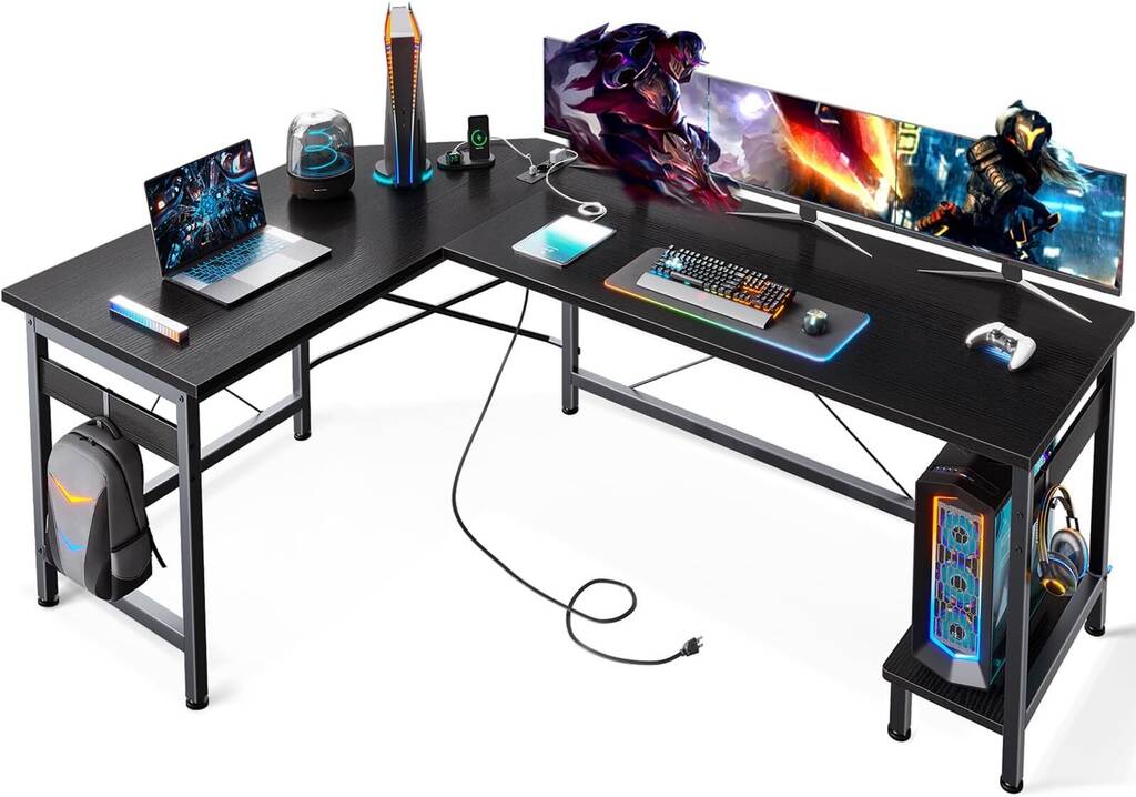 COSTWAY L-vormig bureau met stopcontacten en ledverlichting, hoekbureau met monitorstandaard, stoffen tas, haken en opbergruimte, gaming computertafel, 146 x 115 x 85,5 cm