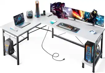 Amazon ODK Gaming-bureau met stopcontacten en USB-poorten, hoekbureau met CPU-houder, L-vormig bureau voor thuiskantoor, wit, 150 ×  aanbieding