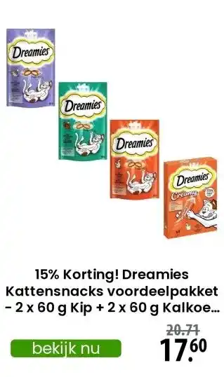 Zooplus 15% Korting! Dreamies Kattensnacks voordeelpakket - 2 x 60 g Kip + 2 x 60 g Kalkoen + 2 x 60 g Eend + 12 x 10 g Creamy Snacks aanbieding