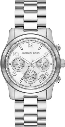 Amazon Michael Kors Horloge voor dames Runway, Chronograaf uurwerk, Roestvrij stalen horloge, 38mm kastgrootte aanbieding