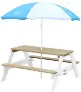 Bol.com AXI Nick Picknicktafel in Bruin/Wit met Parasol in Blauw/Wit - Picknick tafel voor kinderen van FSC hout aanbieding