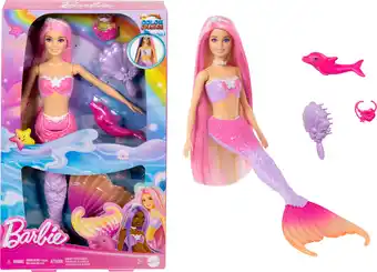 Amazon Barbie Zeemeerminpop, 'Malibu' met roze haar, stylingaccessoires, dolfijn en kleurverandering in water, HRP97 aanbieding