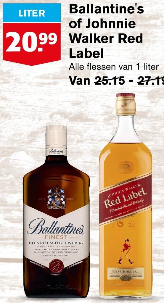 Ballantine's of Johnnie Walker Red Label 1 liter aanbieding bij Hoogvliet