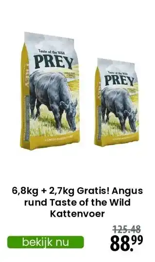 Zooplus 6,8kg + 2,7kg Gratis! Angus rund Taste of the Wild Kattenvoer aanbieding