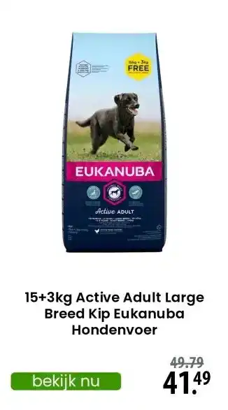 Zooplus 15+3kg Active Adult Large Breed Kip Eukanuba Hondenvoer aanbieding