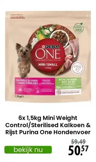 Zooplus 6x 1,5kg Mini Weight Control/Sterilised Kalkoen & Rijst Purina One Hondenvoer aanbieding