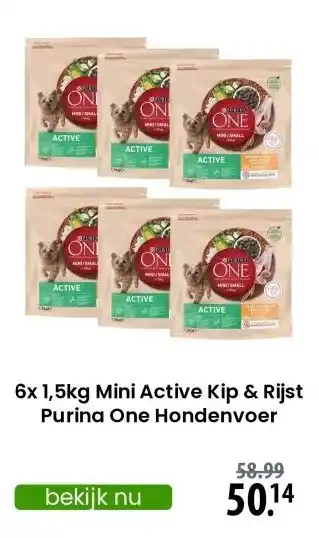 Zooplus 6x 1,5kg Mini Active Kip & Rijst Purina One Hondenvoer aanbieding