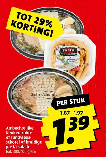 Boni Ambachtelijke Keuken zalm- of rundvlees- schotel of kruidige pasta salade aanbieding