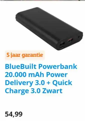 Coolblue BlueBuilt Powerbank 20.000 mAh Power Delivery 3.0+Quick Charge 3.0 Zwart aanbieding