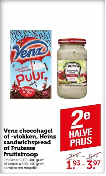 Coop Venz chocohagel of -vlokken, Heinz sandwichspread of Frutesse fruitstroop aanbieding