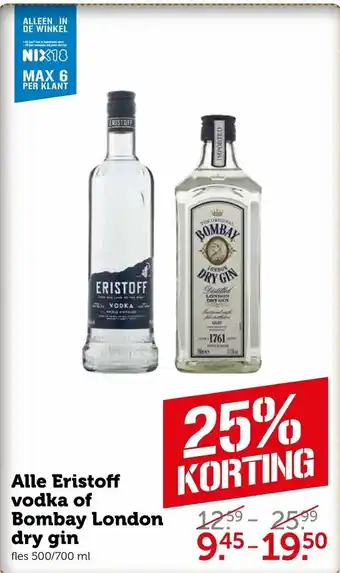 Coop Alle Eristoff vodka of Bombay London dry gin 500/700 ml aanbieding