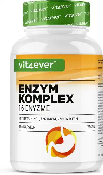 Amazon Spijsverteringsenzymen - 180 Capsules met 16 Enzymen plus Betaïne HCL, Rutine & Gentiaanwortel - Met bromelaïne, papaïne, amy aanbieding