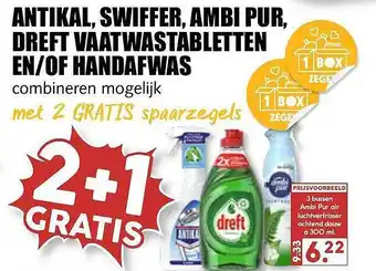 MCD Supermarkt Antikal, Swiffer, Ambi Pur, Dreft Vaatwastabletten En-Of Handafwas 2+1 Gratis aanbieding