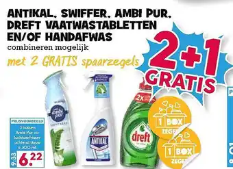 Boon`s Markt Antikal, Swiffer, Ambi Pur, Dreft Vaatwastabletten En-Of Handafwas 2+1 Gratis aanbieding