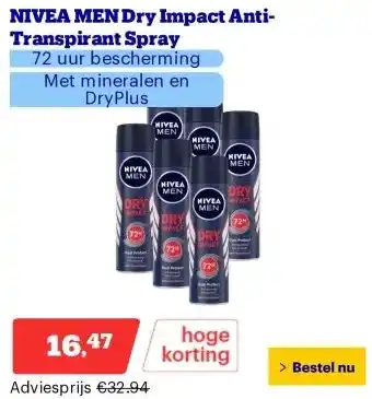 Bol.com NIVEA MEN Dry Impact Anti-Transpirant Spray aanbieding