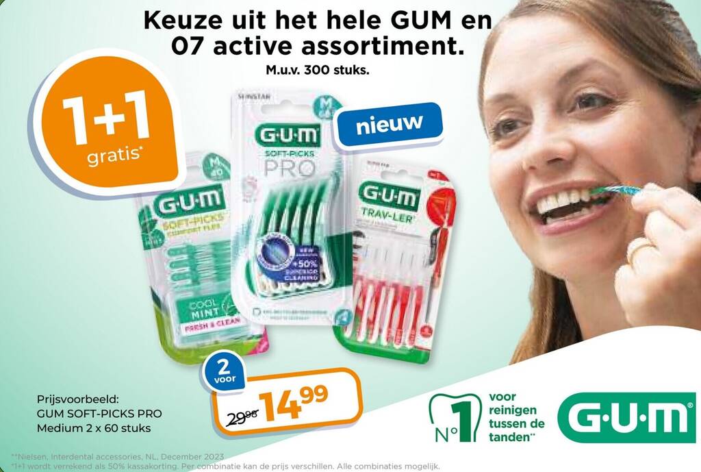 Keuze uit het hele GUM en 07 active assortiment. 60 stuks 1+1 gratis